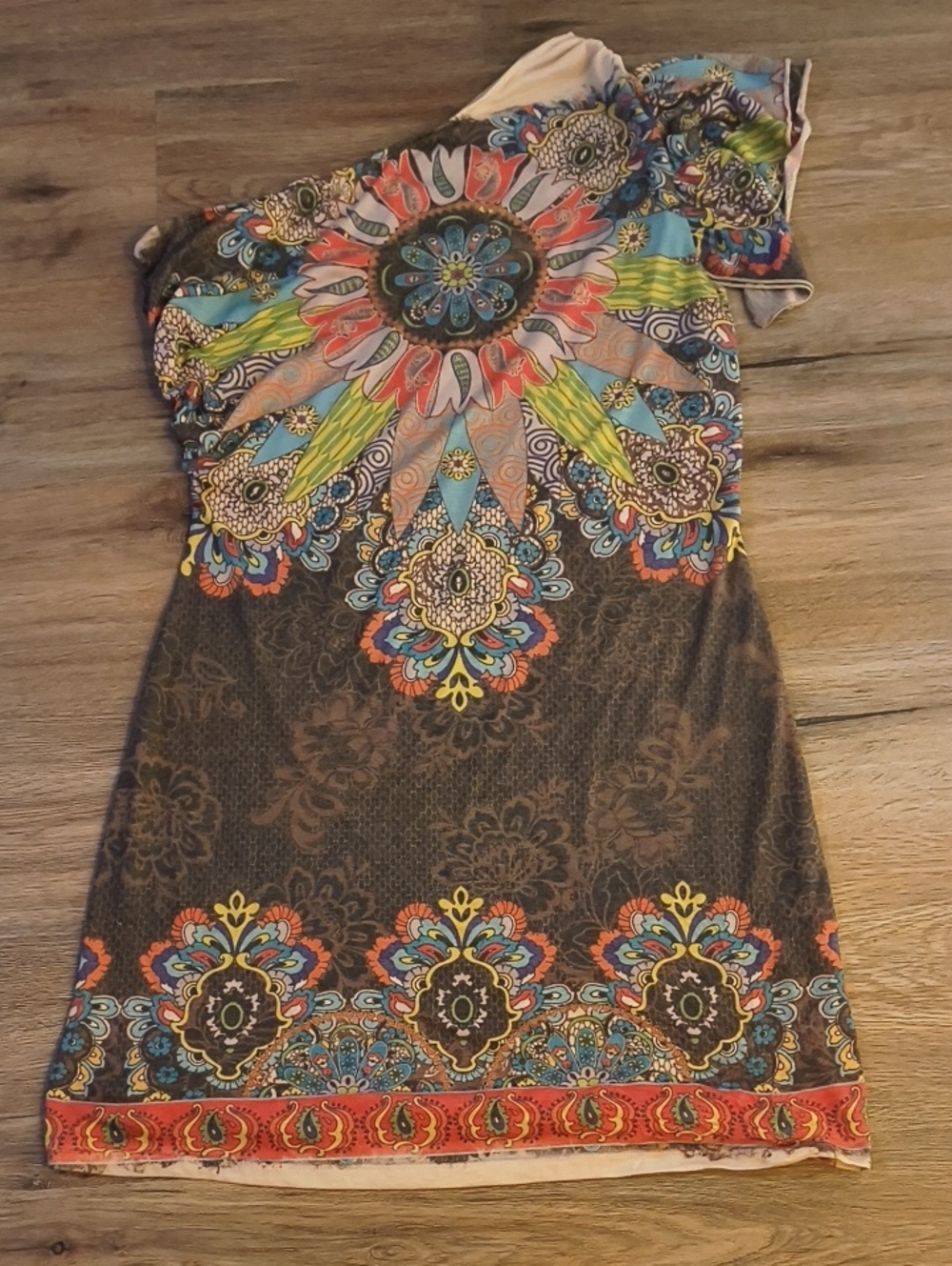 One-Shoulder Floral Mosaic Dress in Brown and Multicolor